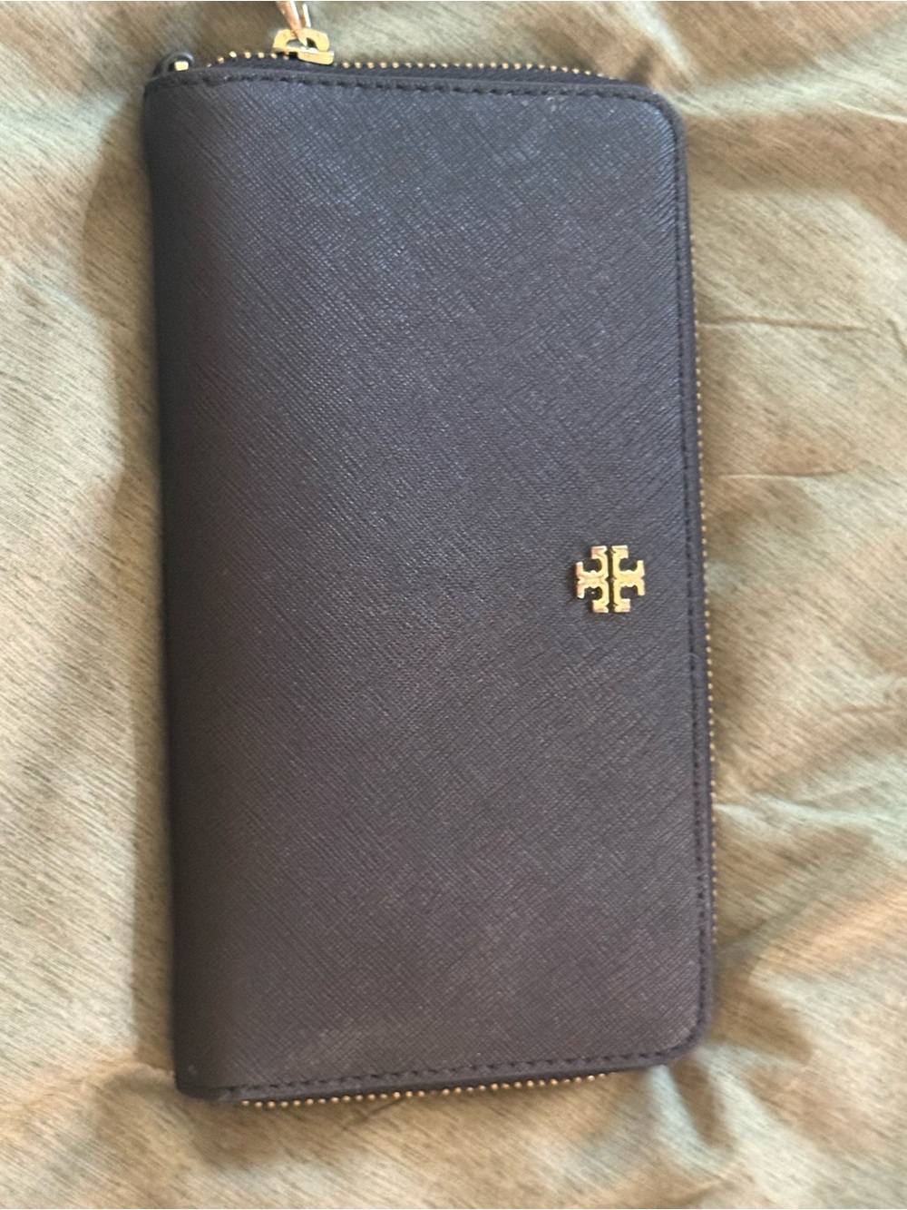 Tory Burch Dark Brown Zip Around Continental Wallet with Gold Logo